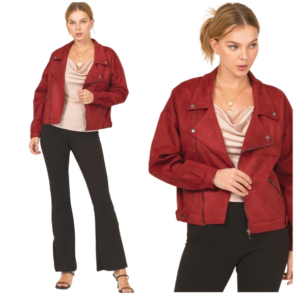 Chic Faux Suede Burgundy Moto Jacket - Picture 7 of 7